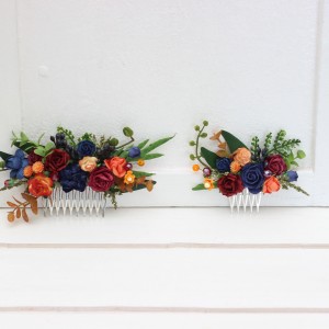 Flower comb in burgundy navy blue and rust  color scheme. Wedding accessories for hair. Bridal flower comb. Bridesmaid floral comb. 5343