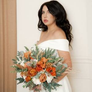 Bouquets in burnt orange ivory sage green color theme. Bridal bouquet. Faux bouquet. Bridesmaid bouquet. 5348