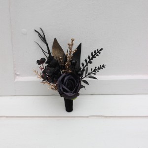  Wedding boutonnieres and wrist corsage  in black gold color scheme. Flower accessories. 5309