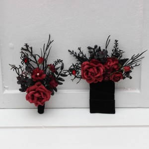 Black red and burgundy gothic boutonnieres with artificial flowers and spider bead – Regular & Pocket Styles. 5349