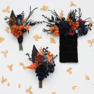 Pocket boutonnieres in black rust navy blue burgundy  color scheme. Pocket flowers. Flower accessories. Square flowers. Moody wedding. 5351