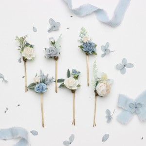  Set of  6 hair pins in dusty blue and white color scheme. Flower hair pins. Hair accessories. Flower accessories for wedding.  Bridesmaid gift.  5352