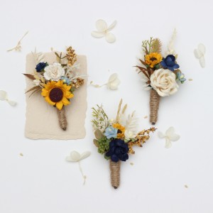  Wedding boutonnieres with sunflowers  in navy blue cream dusty blue color scheme. Flower accessories. 5353