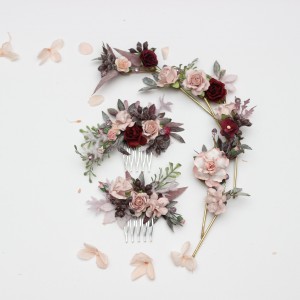 Flower comb in blush pink and burgundy color scheme. Wedding accessories for hair. Bridal flower comb. Bridesmaid floral comb. 5354