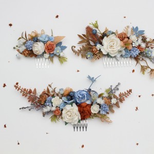 Flower combs in terracotta, dusty blue, and white color scheme. Wedding accessories for hair. Bridal flower comb. Bridesmaid floral comb. 5355