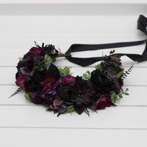 Black purple magenta flower crown. Hair wreath. Wedding flowers. Halloween Gothic wedding.5370