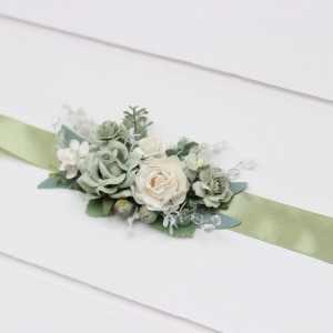 Sage green white ivory belt for wedding. Floral sash for flower girl. 5391