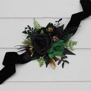 Moody forest green and black gold wrist corsage. 5333