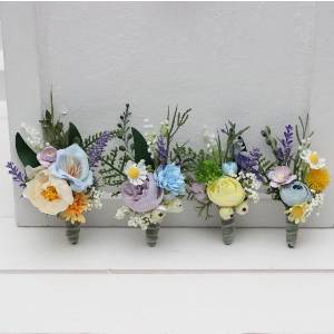  Wedding boutonnieres in yellow ivory dusty blue lavender. Wildflowers. 5446