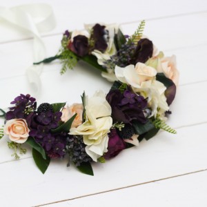 Large flower crown in purple pink and ivory with black berries. Hair wreath. Wedding flowers. 5382