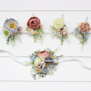  Wedding boutonnieres and wrist corsage  in dusty blue white beige color scheme. Colorful wildflower accessories. 5345
