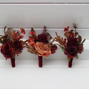  Wedding boutonnieres and wrist corsage  in burgundy deep red orange color scheme. Flower accessories for groom and groomsmen. Mother corsage. Prom flowers 5249