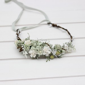 Sage green white ivory flower crown. Wedding hair wreath. Flower girl headband. 5391