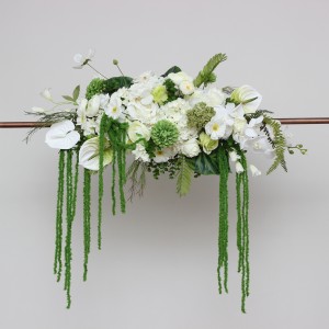 Flower arch arrangement in white green colors with hanging amaranthus. Arbor wedding flowers. Floral arch. Faux flowers for wedding decor. 5361