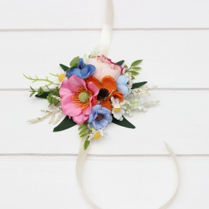 Blue white magenta yellow orange pink flowers. Wrist corsage. Mother bracelet. Prom corsage. Wildflowers colorful corsage. 5396