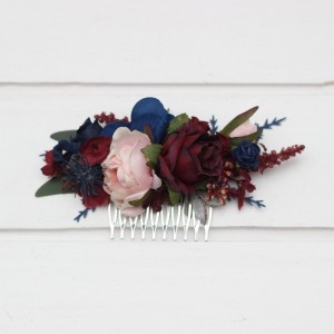 Flower comb in navy blue blush pink burgundy color scheme. Wedding accessories for hair. Bridal flower comb. Bridesmaid floral clip. 5022-1