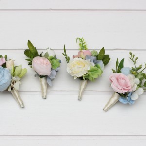  Wedding boutonnieres in green yellow pink dusty blue color scheme. Flower accessories for men. 5369