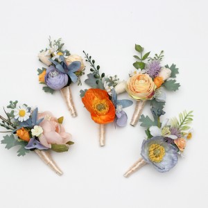 Colorful wedding boutonnieres in peach dusty blue ivory orange color scheme. Flower accessories. 5364