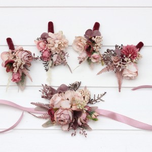  Wedding boutonnieres and wrist corsage  in beige brown mocha burgundy color scheme. Flower prom accessories. 5215