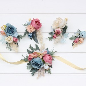  Wedding boutonnieres and wrist corsage in ivory dusty blue and dusty rose color scheme. Flower accessories for weddings and proms. 5397