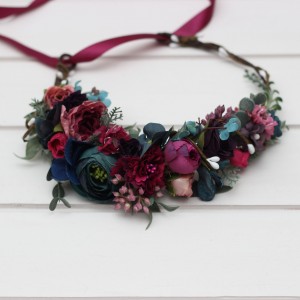 Jewel-tone wedding. Emerald green purple magenta teal flower crown. Hair wreath. Flower girl crown. Wedding flowers. 5055