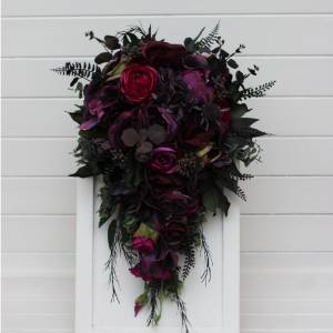 Purple magenta black green cascade bridal bouquet. . Faux wedding bouquet. Bridesmaid bouquet. 5370