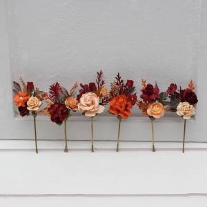  Set of 6 bobby pins in burnt orange red burgundy color scheme. Flower hair pins. Hair accessories. Flower accessories for wedding.  Bridesmaid gift.  5103