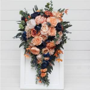 Cascading bridal bouquet in peach and navy blue colors. Faux wedding bouquets. Bridesmaid bouquets. 5408