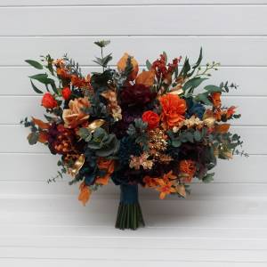 Wedding bouquets in teal rust gold plum mustard colors. Bridal , cascading bouquet and bridesmaid bouquets. Faux blooms. Jewel tone theme wedding   5222