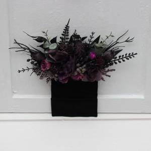 Pocket boutonniere in black, purple, and magenta color scheme. Flower accessories. Pocket flowers. Square flowers. 5370