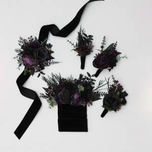 Regular boutonnieres, pocket boutonniere and wrist corsage  in deep purple royal purple black and dark green color scheme for Gothic wedding. Flower accessories. 5411