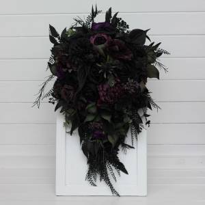 Cascade bridal and bridesmaid  bouquets in deep purple royal purple black and dark green color scheme. Wedding faux flowers for gothic wedding. 5411