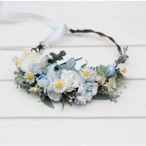 White sky blue flower crown with daisies. Wildflowers hair wreath. Flower girl crown. Wedding flowers. 5253
