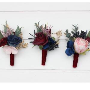  Wedding boutonnieres and wrist corsage  in burgundy navy blue gold pink  color scheme. Flower accessories. 5221