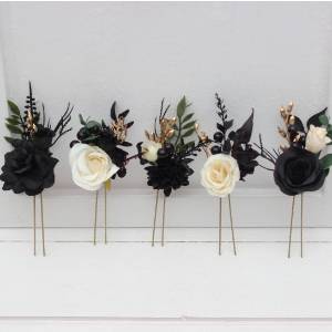  Set of  5 hair pins in black gold ivory and green color scheme. Flower hair pins for Gothic wedding.  Bridesmaid gift.  5300