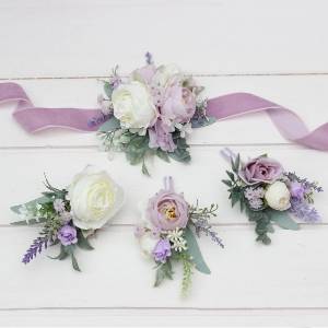  Wedding boutonnieres and wrist corsage  in white, lilac, purple, and sage green color scheme. Flower accessories. 5315
