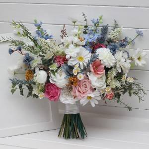 Wildflowers bridal bouquet. Faux flowers for wedding. White, dusty blue and pink wedding. Bridesmaid bouquet. 5415 Wildflowers bridal bouquet. Faux flowers for wedding. White, dusty blue and pink wedding. Bridesmaid bouquet. 5415