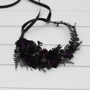 Gothic purple black flower crown. Halloween wedding. Hair floral wreath. 5070