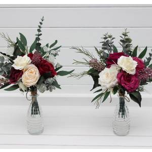 Simple wedding table flowers. Mini bouquets for vases in berry tones, magenta and ivory color scheme. Flowers for wedding decor. Table flowers. Centerpiece. 5419 Simple wedding table flowers. Mini bouquets for vases in berry tones, magenta and ivory color scheme. Flowers for wedding decor. Table flowers. Centerpiece. 5419