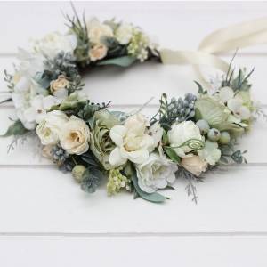 Flower crown in sage green ivory colors. Hair wreath for flower girl. Wedding flowers. Romantic floral crown. 5075