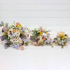 Colorful wildflower wedding bouquet. Spring summer faux bridal flowers in blue, peach, lilac, yellow, pink. Daisy posy bouquet. 5420