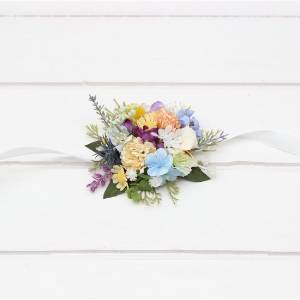 Pastel wildflower wrist corsage – Blue Peach Lilac Yellow Pink wedding worsage. 5420