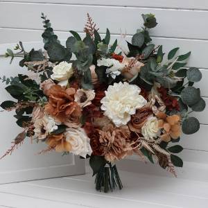 Rust, terracotta, caramel, cream, ivory, and eucalyptus green bridal bouquet and bridesmaid bouquet set. Artificial wedding flowers for rustic, boho, and fall weddings. 5418