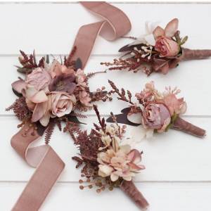  Wedding boutonnieres and wrist corsage  in beige, terracotta, blush pink and dusty rose color scheme. Flower accessories. 5255