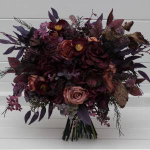 Moody wedding bouquet in purple, black, and dusty rose. Artificial bridal and bridesmaid flowers. 5421