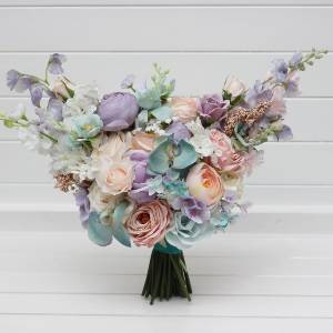 Pastel bridal bouquet. Turquoise, lilac, blush pink and white faux blooms. Wedding flowers. 5417