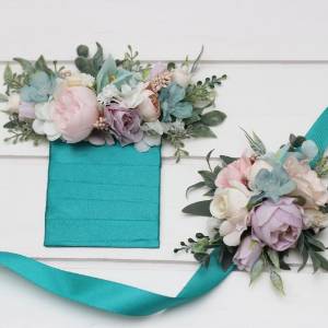 Pastel pocket boutonniere and wrist corsage in turquoise, lilac, blush pink and white  color scheme. Wedding flower accessories. Square flowers for pocket.  5417