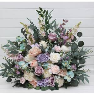 Standing flowers in pastel color scheme. Turquoise, lilac, blush pink and white aisle flowers. Wedding decorations. Floor flowers. 5417