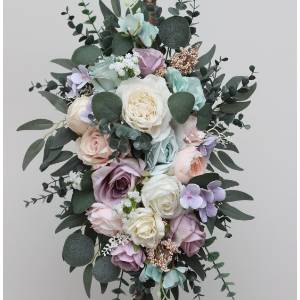 Flower arch arrangement in pastel colors.  Turquoise, lilac, blush pink and white arbor flowers. Floral archway. Faux flowers for wedding arch. 5417  Flower arch arrangement in pastel colors.  Turquoise, lilac, blush pink and white arbor flowers. Floral archway. Faux flowers for wedding arch. 5417