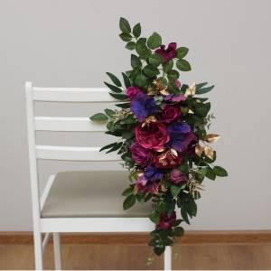 Aisle flowers in jewel tone scheme. Purple magenta and gold hair flowers. Sign flowers. Marker flowers. Flowers for wedding decor. 5273